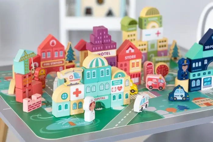 Wooden Blocks + Base City Set, 121 Pieces, promotes skill development with vehicles, characters, and trees on a stable base, sparking creativity for children aged 2 and up.