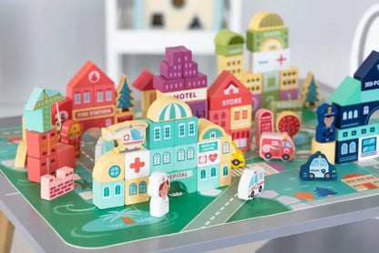 Wooden Blocks + Base City Set, 121 Pieces, promotes skill development with vehicles, characters, and trees on a stable base, sparking creativity for children aged 2 and up.