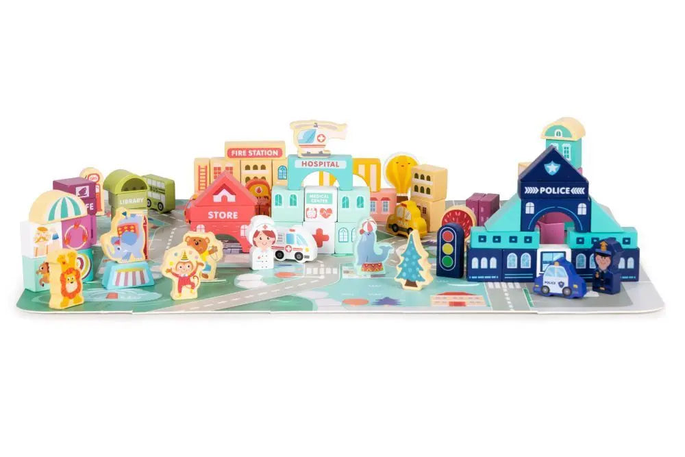 Wooden Blocks + Base City Set, 121 Pieces, featuring colorful toy buildings, vehicles, characters, and more on a sturdy base for imaginative play and skill development. Dimensions: 55 x 42 cm.