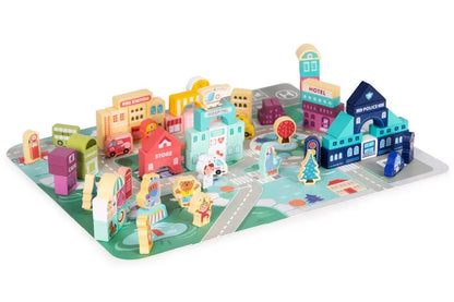 Wooden Blocks + Base City Set, 121 Pieces: Toy city with buildings, vehicles, trees; promotes fine motor skills, creativity; includes guidebook; sturdy base for imaginative play.