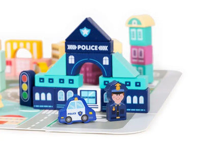 Wooden Blocks + Base City Set, 121 Pieces: Toy police station, car, traffic light, and more on a vibrant base for imaginative play and skill development.