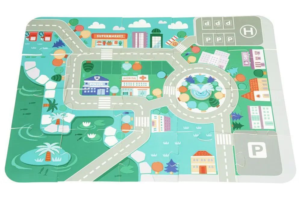 Wooden Blocks + Base City Set, 121 Pieces: A city map puzzle with vehicles, characters, trees, and buildings. Promotes motor skills, creativity, and imaginative play for children 2+. Dimensions: 55 x 42 cm.