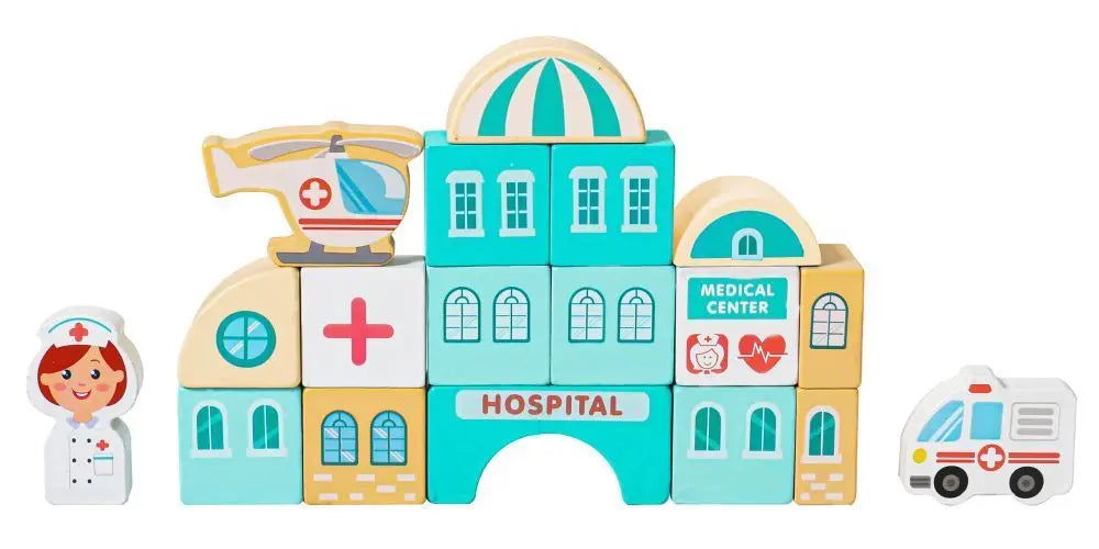 Wooden Blocks + Base City Set, 121 Pieces: Toy blocks stacked, ambulance, nurse cartoon, helicopter, buildings, dome, and more. Promotes skill development and creativity for children aged 2+. Dimensions: 55 x 42 cm.