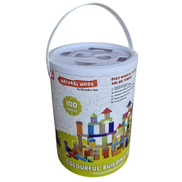 A white bucket filled with colorful wooden building blocks, offering creative play with various shapes and vibrant colors for imaginative construction.