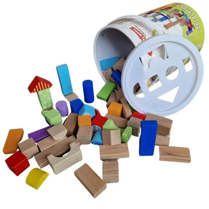 A bucket of Colorful Wooden Building Blocks set by Gerardo’s Toys, encouraging creative play and educational benefits for children's development.