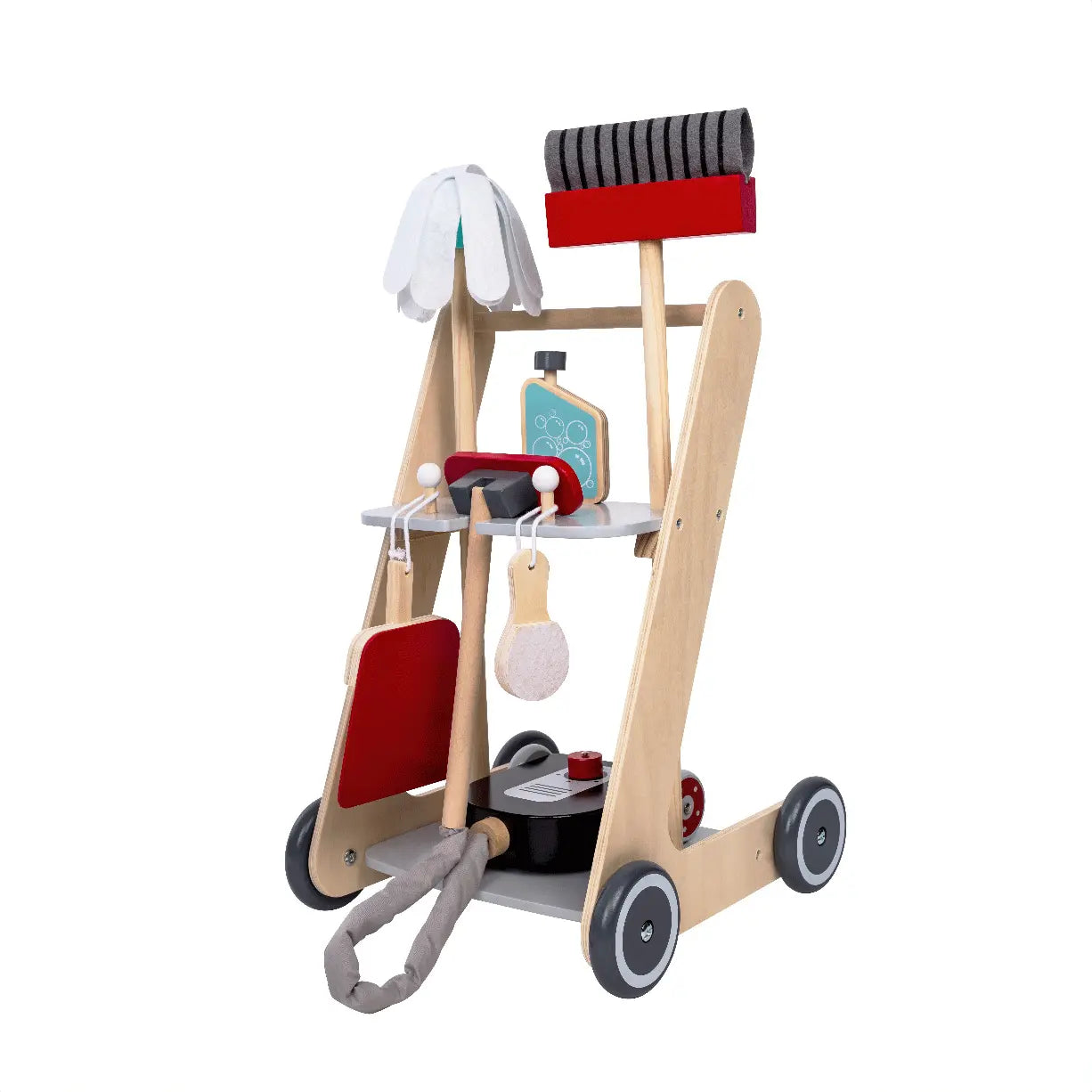 Wooden Cleaning Cart with toy cart, broom, vacuum, mop, dustpan, spray bottle, and brush. Encourages kids' motor skills and role-play. Ideal for ages 3+.