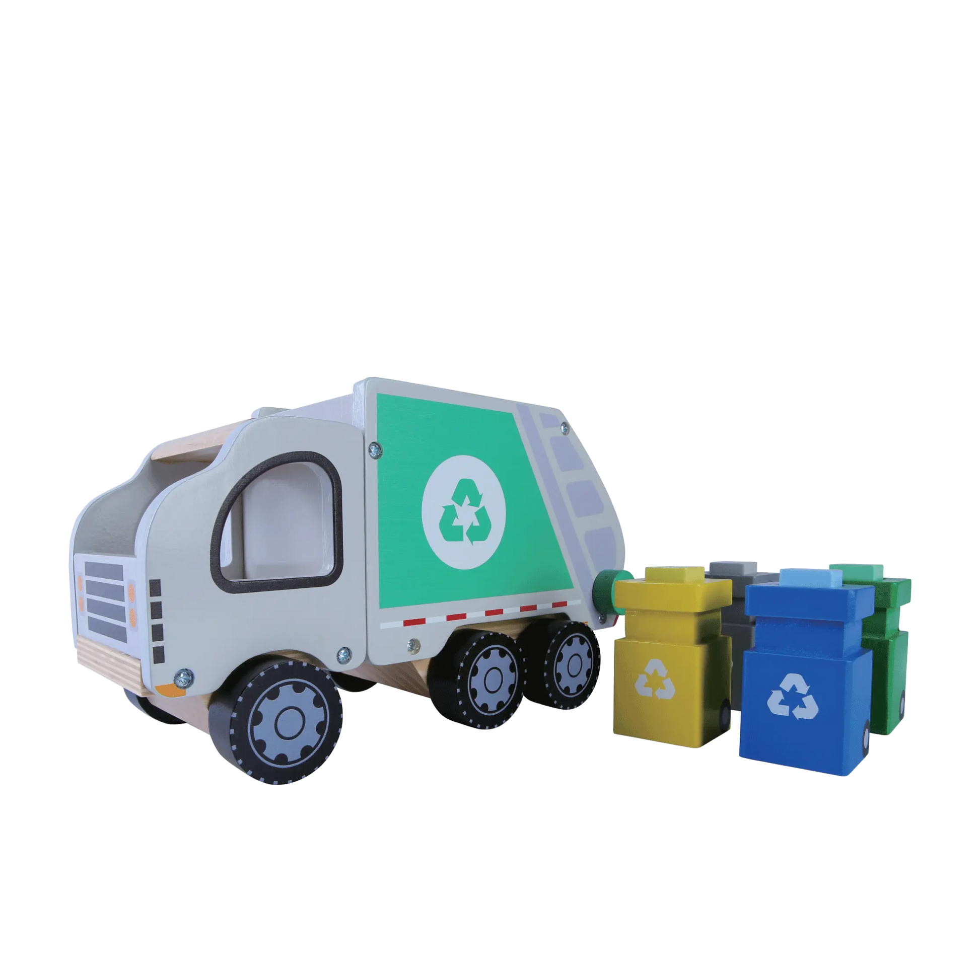 Wooden Garbage Truck toy with recycle bins, promoting eco-friendly habits through waste sorting education. Includes 4 colored bins for glass, paper, bio-waste, and general waste. Dimensions: 15 x 26 x 13 cm.