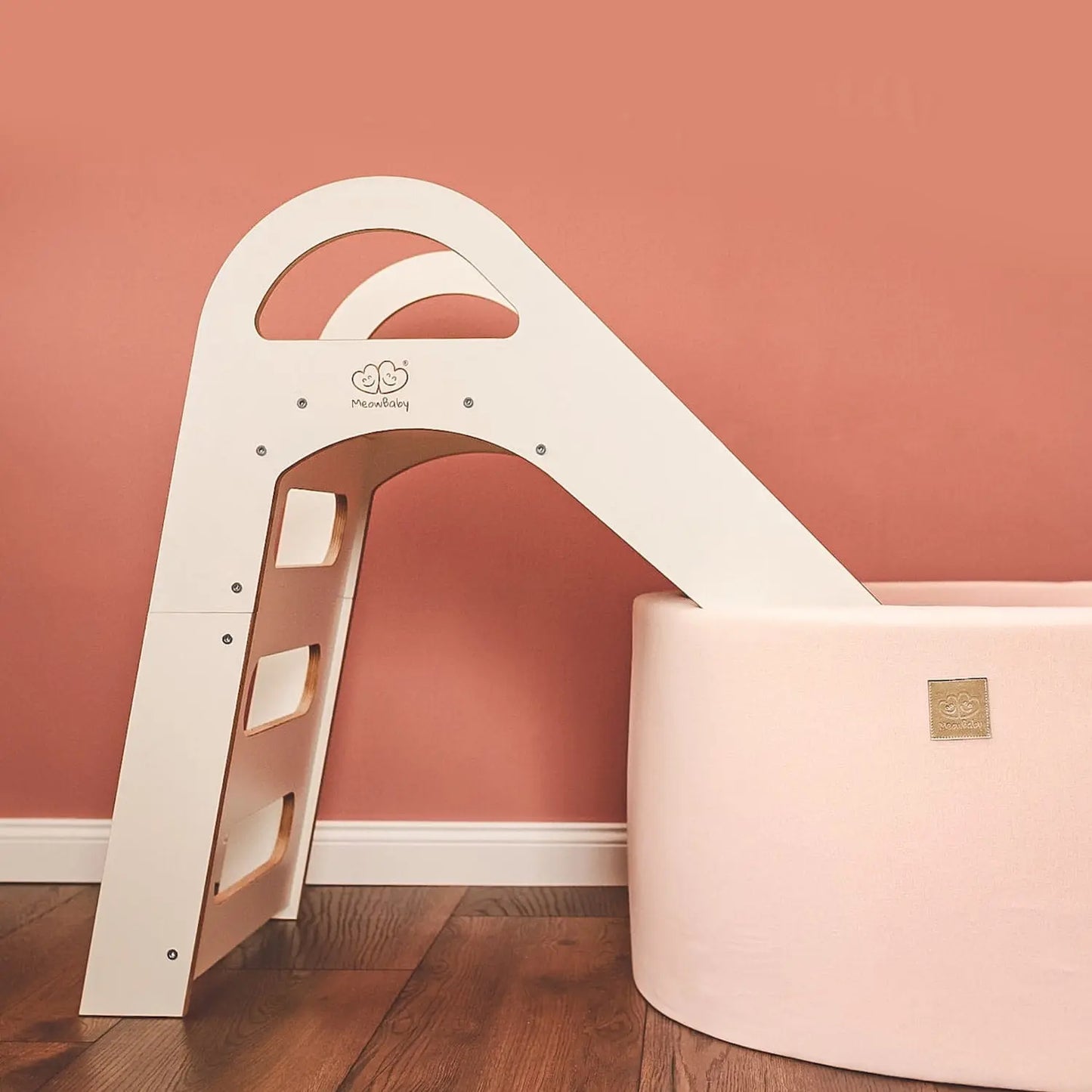 Child-friendly Wooden Indoor Scandi Slide, 87x46cm, with stable structure and smooth edges for safe play, promoting motor skills and balance. Ideal for kids over 12 months.