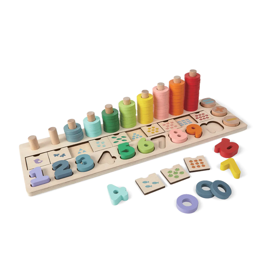 Wooden Math Game with numbers, symbols, and colorful rings for interactive learning and skill development in children. Comprehensive, interactive, and compact educational toy for fun math exploration.