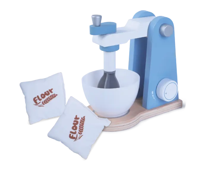 A wooden mixer set with a white bowl and two white bags, encouraging imaginative baking play for children. Compact dimensions of 16.2 x 9 x 17 cm.