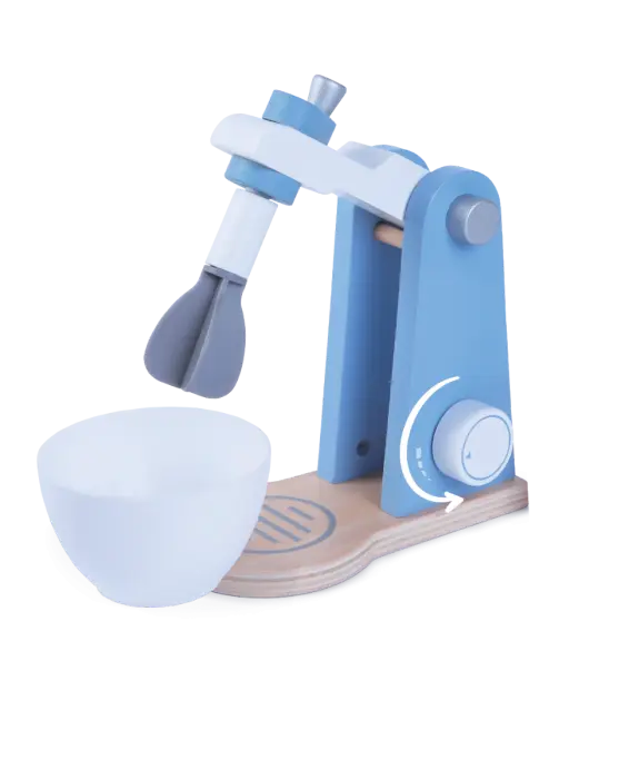 A toy kitchen mixer set with bowl, inspiring imaginative play. Realistic design for creative baking role-play. Compact size for small hands. Safe, durable materials by Gerardo’s Toys.