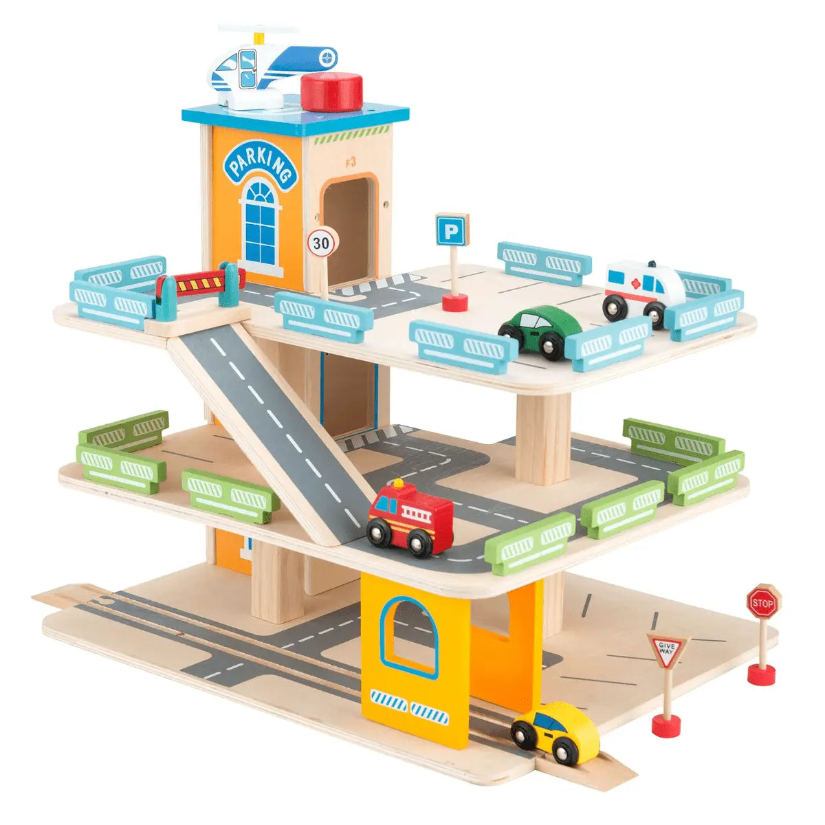 A wooden three-story parking garage toy set with working elevator, cars, and traffic signs for imaginative play. Dimensions: H 40 x W 43.5 x D 36 cm.