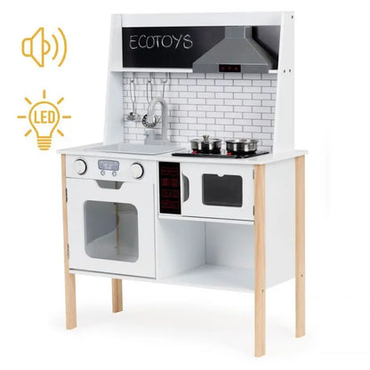 Wooden Play Kitchen with Sound and Light, featuring stove with boiling sounds, oven, microwave, cabinet, sink, and organizational hooks for an immersive culinary experience.