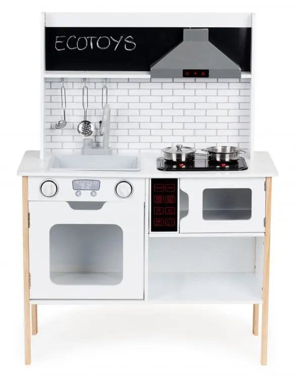 Wooden Play Kitchen with illuminated stovetop, oven, microwave, cabinet, sink, and sound effects. Inspire young chefs with interactive culinary fun.