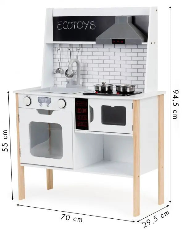 Wooden Play Kitchen with illuminated stovetop and full kitchen set, featuring oven, microwave, cabinet, sink, and organizational hooks for utensils. Dimensions: 70 x 29.5 x 94.5 cm.