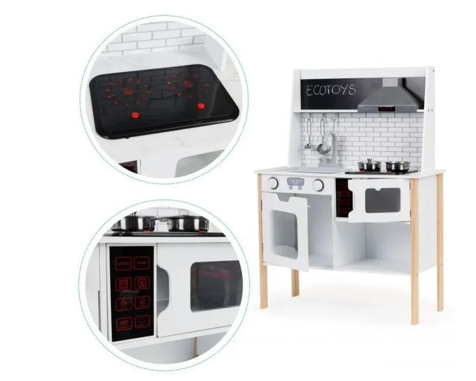 Wooden Play Kitchen with Sound and Light: Interactive stovetop, oven, microwave, and organizational features for immersive culinary play. Dimensions: 70 x 29.5 x 94.5 cm. Ages 3+.