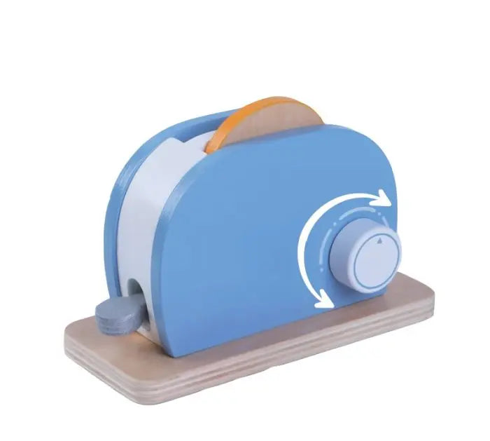 A compact Wooden Small Toaster Set by Gerardo’s Toys, featuring 2 bread slices, a knife, butter pieces, and a butter dish for imaginative breakfast play.