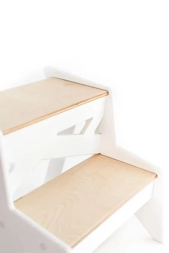 A sturdy Wooden Step Stool crafted from durable plywood, ideal for aiding kids, adults, and pets. Dimensions: 40 x 38 x 40 cm, Step Height: 17 cm, Weight: Around 3 kg. Made to hold up to 100 kg weight.