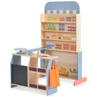 Wooden Supermarket set with cash register, scanner, scale, and shopping bag. Swing-out shelf, blackboard for specials, educational play for kids. Dimensions: 100 x 79 x 60 cm. Safe, durable wood construction.