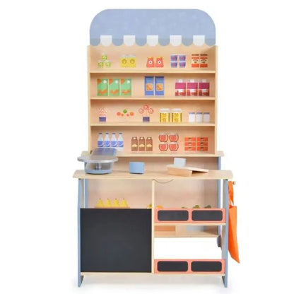 Wooden Supermarket playset with cash register, scanner, scale, and shopping bag. Features swing-out shelf, blackboard for specials, and educational benefits for imaginative play. Dimensions: 100 x 79 x 60 cm.