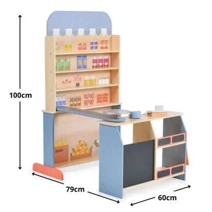 Wooden Supermarket set with cash register, scanner, scale, and shopping bag. Swing-out shelf, blackboard, and quality wood construction for interactive and educational play. Dimensions: 100 x 79 x 60 cm.