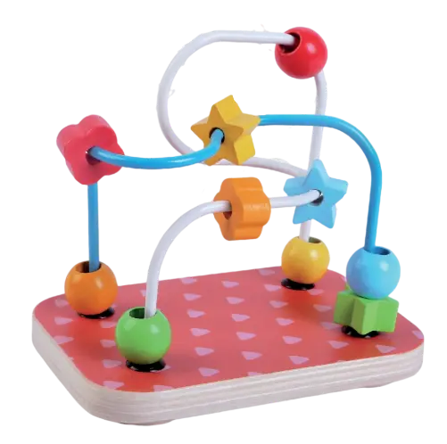 Wooden Toys Playset: A colorful toy with beads, a yellow object, and a straw on a red surface, set against a black background. Enhance motor skills and creativity with this engaging educational playset.