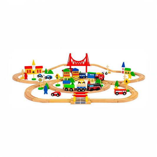 Wooden Train Set with 90 pieces, featuring track, battery-operated engine, wagons, cars, bridge, houses, trees, and figures. Encourages imaginative play and cognitive development.