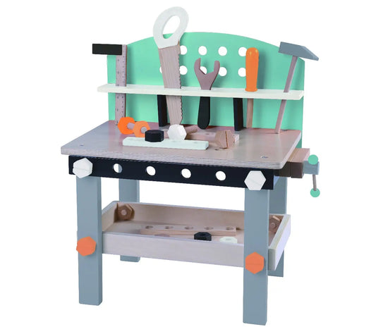 A wooden workbench for kids, featuring tools like a hammer, screwdriver, and wrench. Encourages creativity and fine motor skills. Dimensions: 49x45x29.5 cm. Includes 32 pieces for engaging playtime.