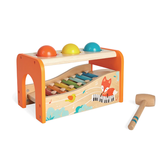 A wooden xylophone and ball game set featuring a xylophone, hammer, and colorful balls for interactive play, promoting motor skills and musical exploration.