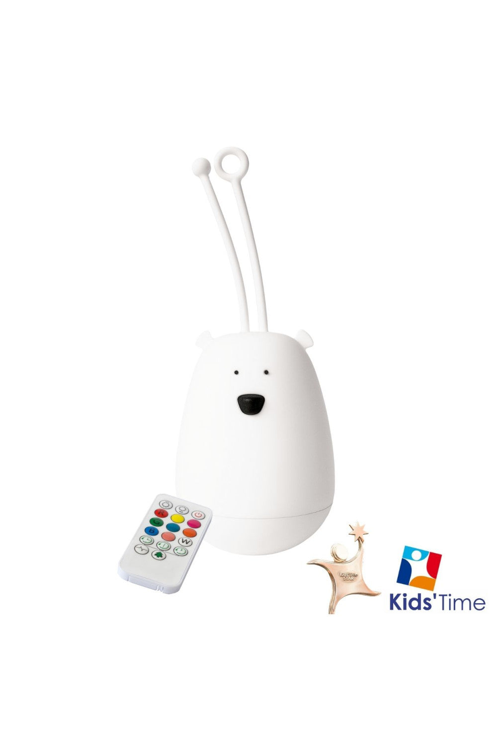 A hanging night light with remote control, featuring a friendly face design, silicone material, and multicolored buttons. Ideal for creating a warm, safe atmosphere for children at night.