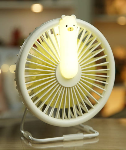 Portable Little Bear Fan Lamp with adjustable airflow and built-in light, charged via micro USB. Ideal for cooling on hot days and nights, with 3 speed levels and battery-powered convenience.