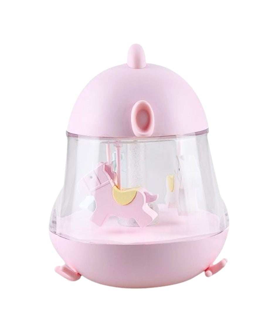 A pink toy lamp with a carousel horse inside, featuring a music box, color-changing light, and USB charging. Relaxing and entertaining for babies.