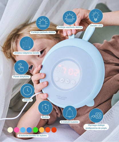 Child holding a clock-shaped Rabbit Lamp with Alarm Clock – Blue, featuring sunrise/sunset simulation, nature sounds, adjustable light intensity, snooze function, touch control, and digital display.