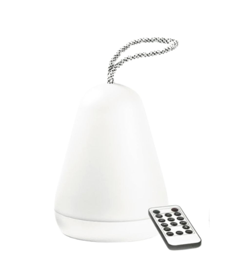 A close-up of a white Lantern lamp with a remote control, featuring a multifunctional design for adjustable lighting and sleep mode settings.