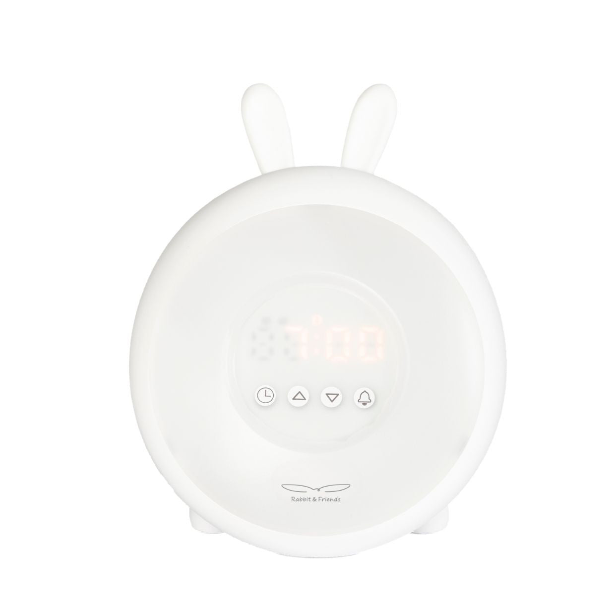 A white Rabbit Lamp with alarm clock, featuring amusing ears, sunrise and sunset simulation, nature sounds, touch control, and snooze function. Dimensions: 19.3 x 15 x 6.9 cm.