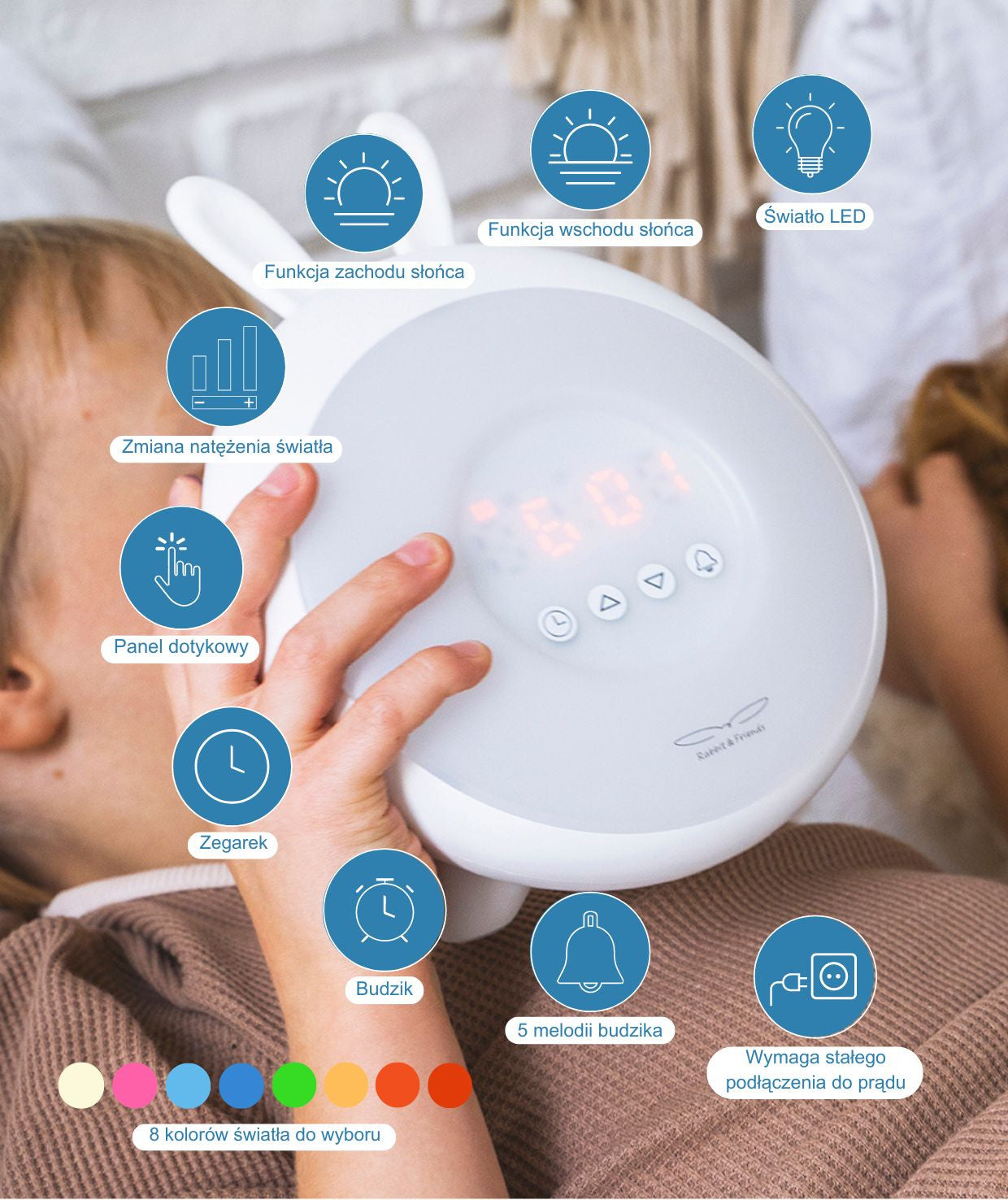 Child holding Rabbit Lamp with Alarm Clock – White, featuring sunrise/sunset simulation, nature sounds, snooze function, touch control, and non-slip base. Dimensions: 19.3 x 15 x 6.9 cm.