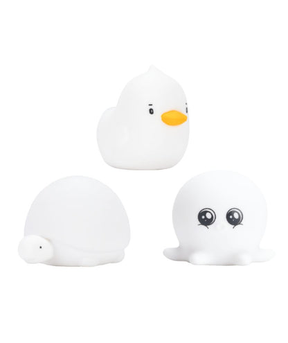 Three waterproof mini silicone lamps in Duck, Octopus, and Turtle shapes. Soft silicone skin, color-changing light, 900 lighting cycles per battery. Dimensions: 4.9 – 10 cm. CE, RoHS certified.