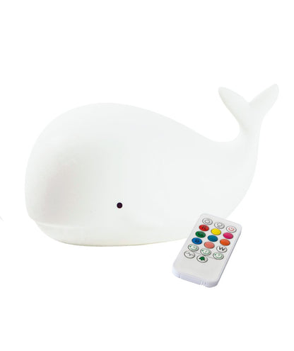 A white whale-shaped silicone lamp with a remote control, perfect for children's comfort and safety at night. Features soft touch, color-changing light, and easy operation for a peaceful sleep routine.