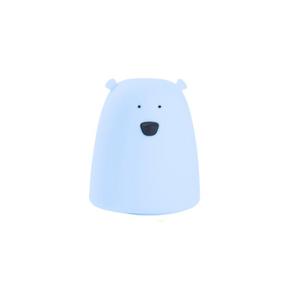 A blue silicone Little Bear lamp, soft to touch, tap-operated, shines in 7 colors, battery-powered, safe for kids, with CE, RoHS, EN71 certifications.