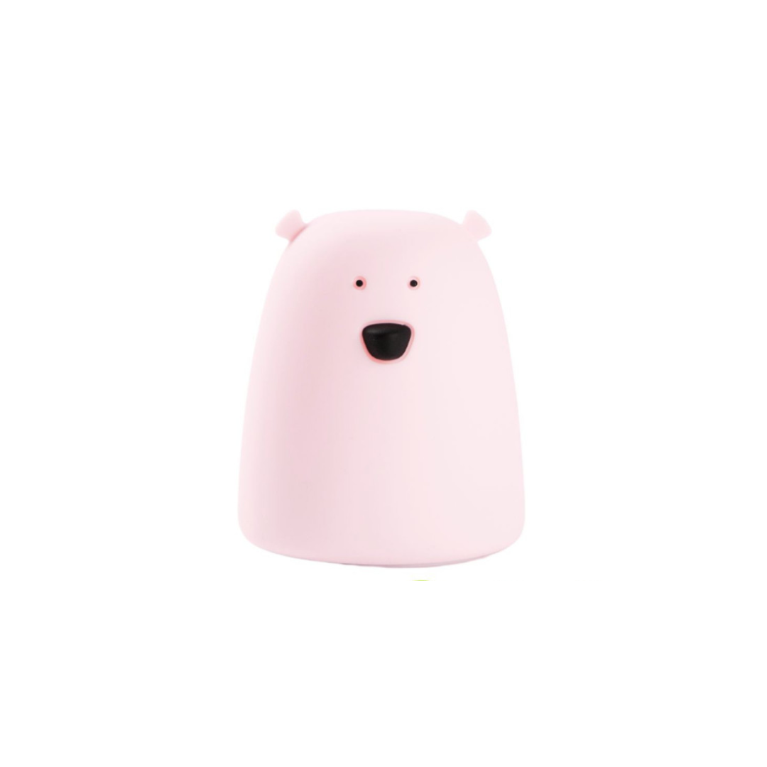 A pink silicone Little Bear lamp, soft to touch, tap-operated, shines in 7 colors, safe for children, with CE, RoHS, EN71 certifications.