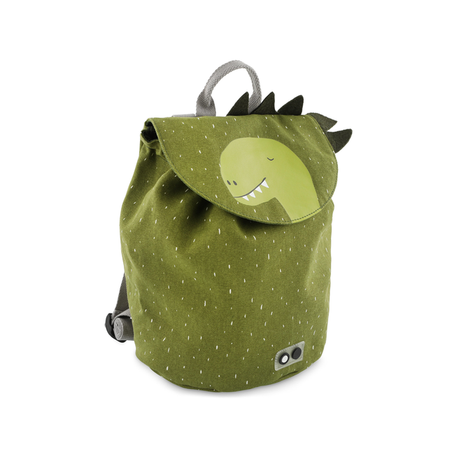 A green mini drawstring backpack featuring Mr. Dino, perfect for young adventurers. Water repellent, machine washable, 100% cotton material, 5L capacity, ideal for snacks and a water bottle. Dimensions: 30 x 23 cm.