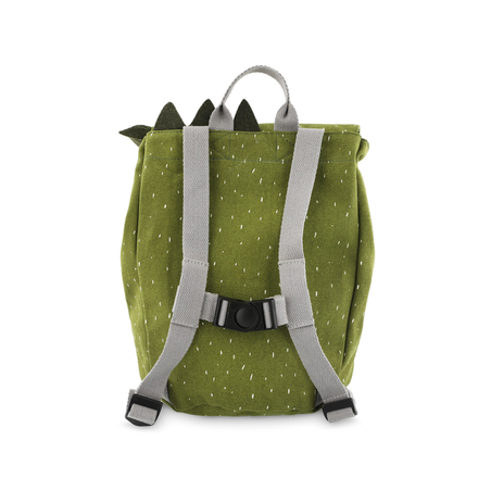 A light green mini drawstring backpack with white dots, featuring a grey strap. Ideal for young adventurers, water repellent, washable, 100% cotton material. Dimensions: 30 x 23 cm.