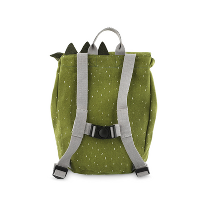 A light green mini drawstring backpack with white dots, featuring a grey strap. Ideal for young adventurers, water repellent, washable, 100% cotton material. Dimensions: 30 x 23 cm.