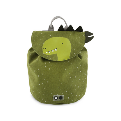 Mini Drawstring Backpack featuring Mr. Dino, a green bag with a cartoon dinosaur face, ideal for kids' adventures. Water repellent, washable, 100% cotton material, 5L capacity, perfect for snacks and a water bottle.