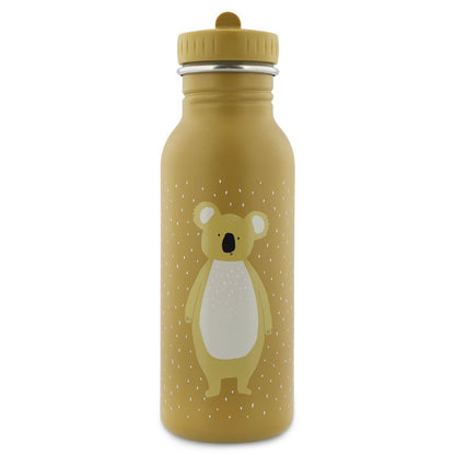 Stainless Steel Bottle 500 ml featuring Mr Koala design, with a bear motif on a yellow lid. Durable, leak-proof, and kid-friendly water bottle made of stainless steel.